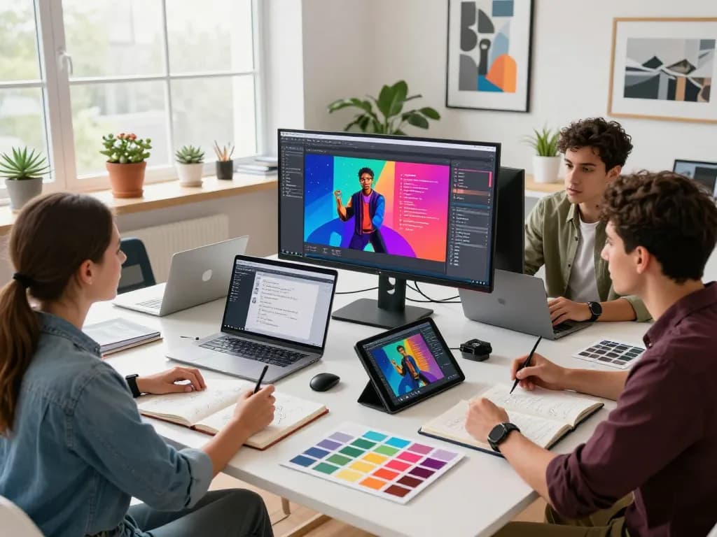 Collaborative design team generating AI image prompts in a bright studio.