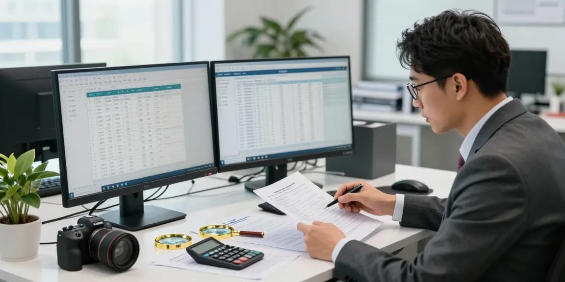 Analisis dokumen oleh auditor forensik aafikotatangerangselatan.org di ruang kantor modern.