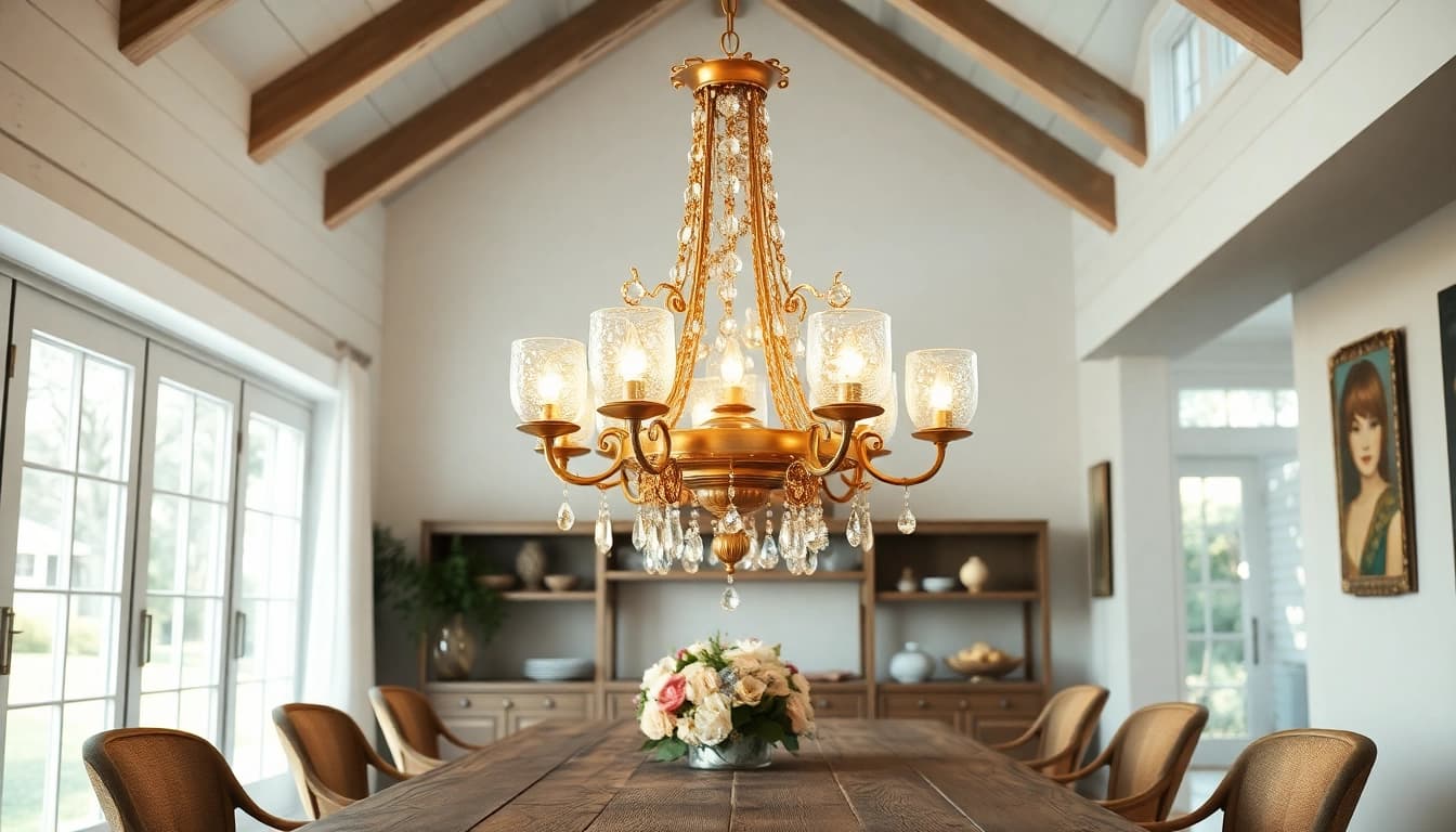 Illuminate your space with an elegant island chandelier that enhances rustic dining.