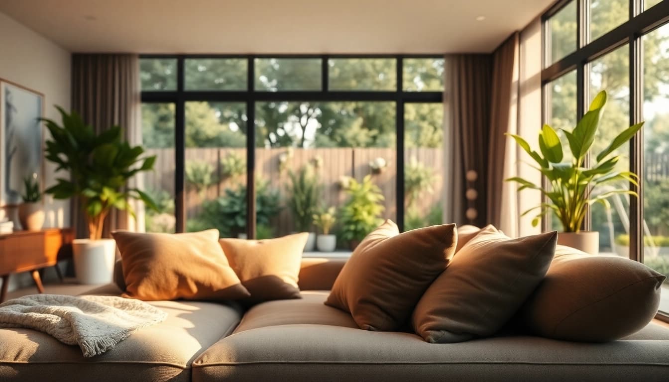Embrace Seamless Living in a modern, serene living room filled with natural light and cozy textures.