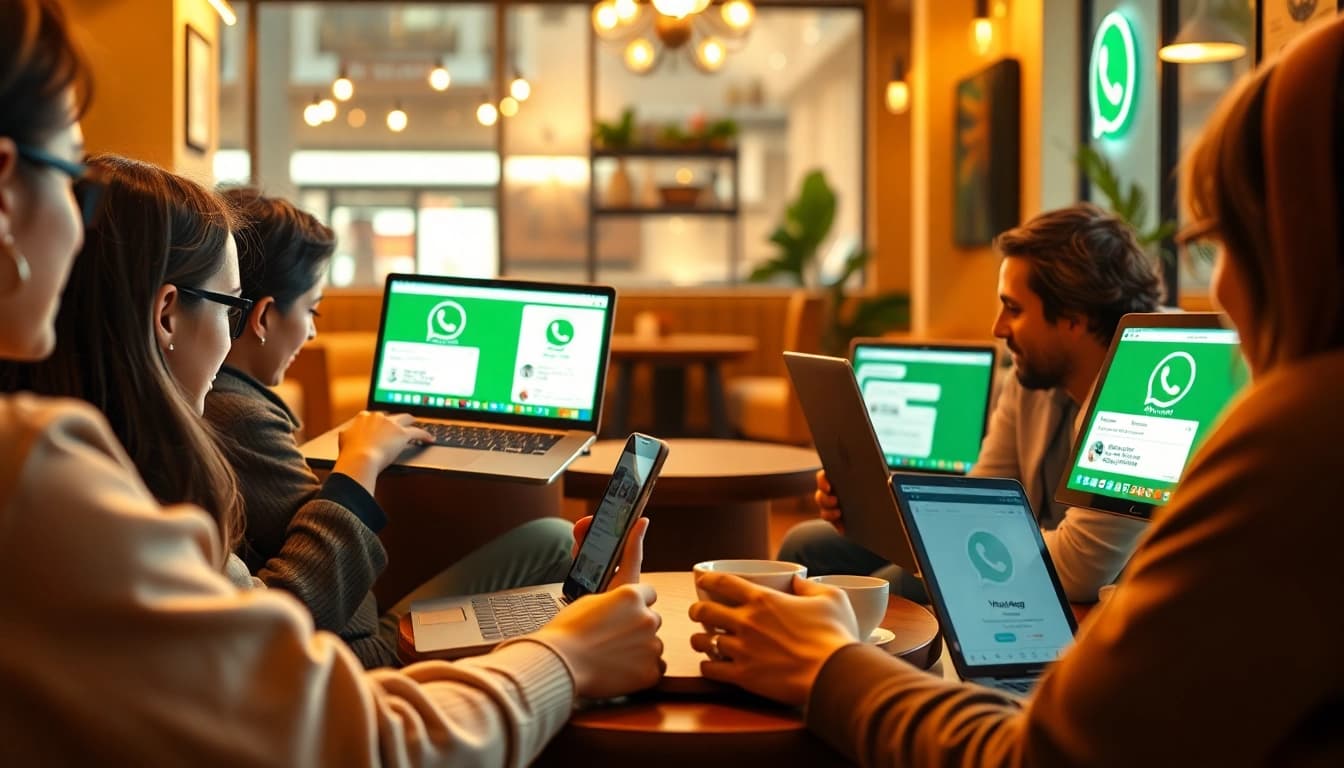 在舒适的咖啡馆场景中，朋友们使用快连VPN与 WhatsApp Web，展现社交连通性。