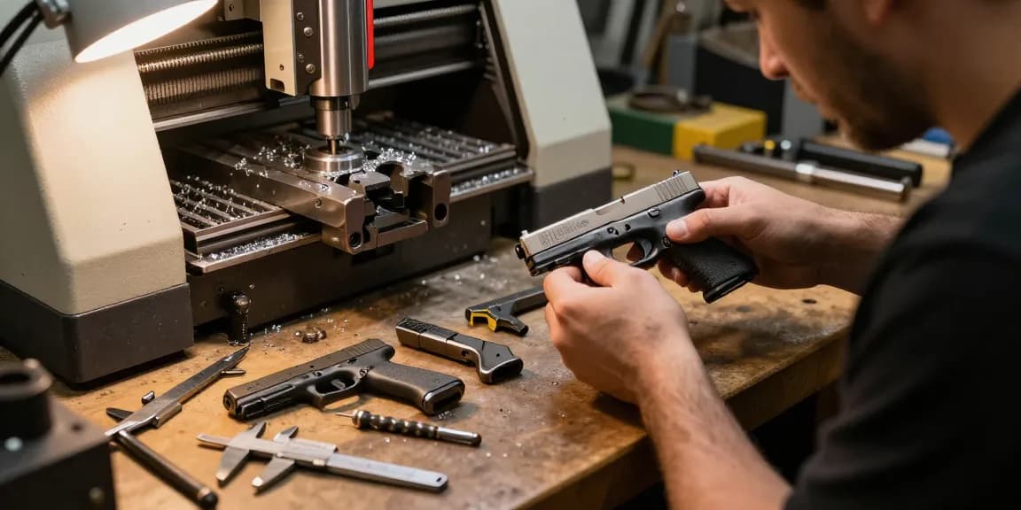 Custom Glock slides from https://precisionglockslides.com displayed in a gunsmith workshop, showcasing craftsmanship and precision.