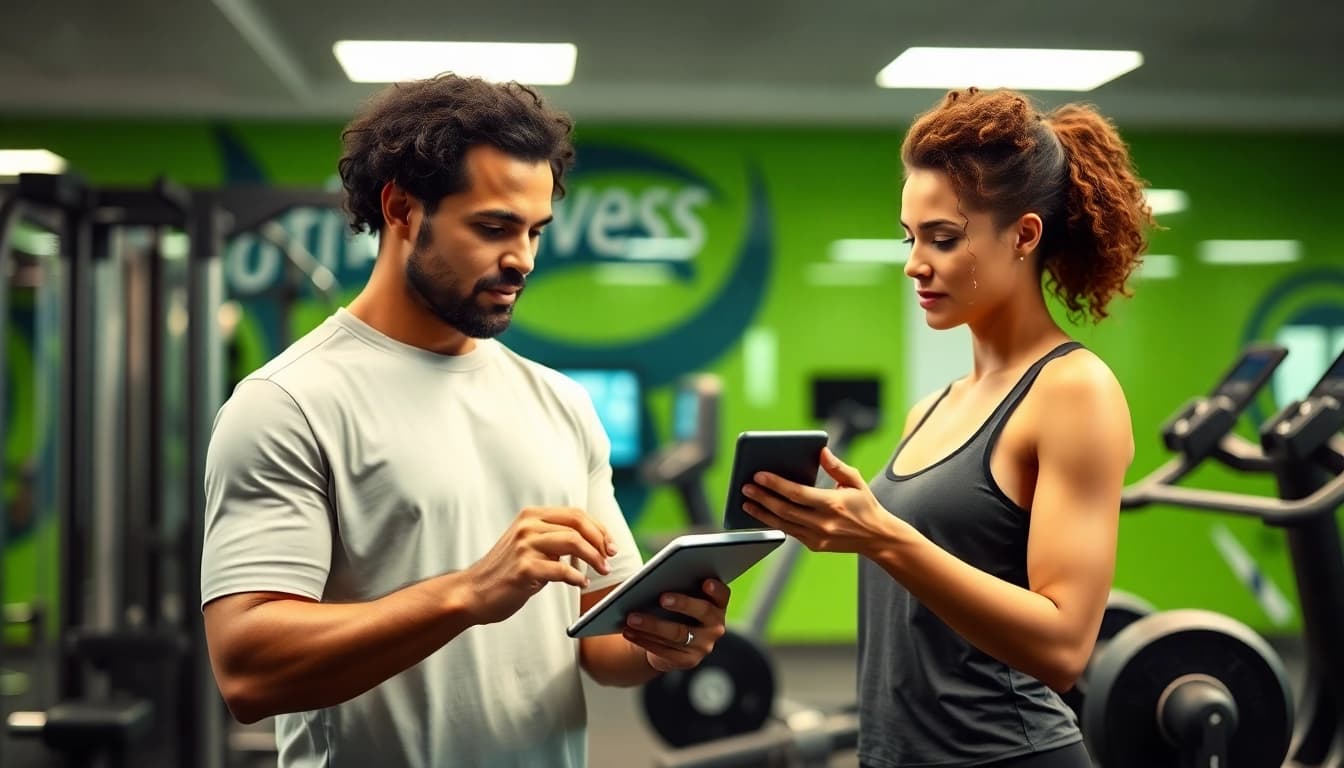 Calculate your body fat percentage calculator with a fitness coach using digital devices in a modern gym.