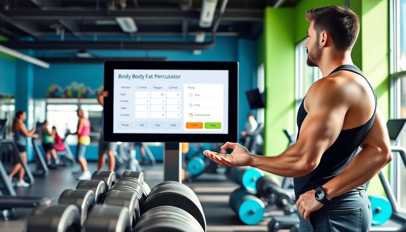 Calculate body fat percentage calculator with professional fitness coach in gym setting