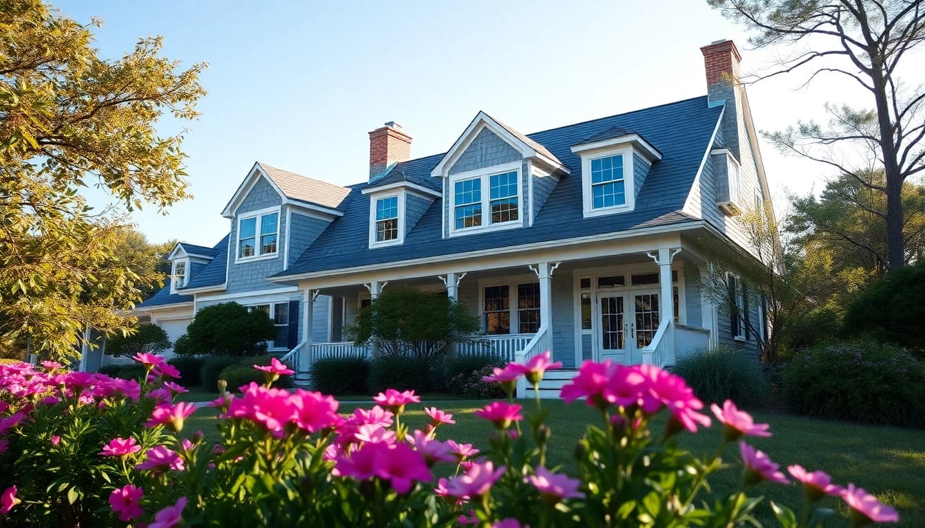 View of a charming cape cod home surrounded by blooming flowers, epitomizing coastal elegance.