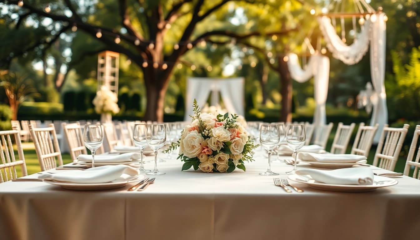 Beautiful table set for wedding & event rentals with vibrant florals and atmospheric lighting.