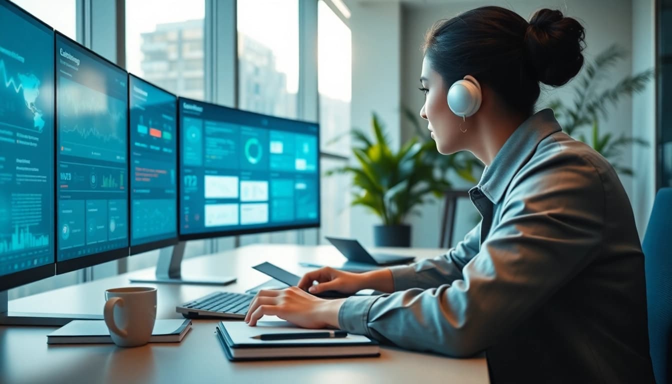 Engaging AI assistant for enterprise assisting in a modern office setup with digital interfaces.