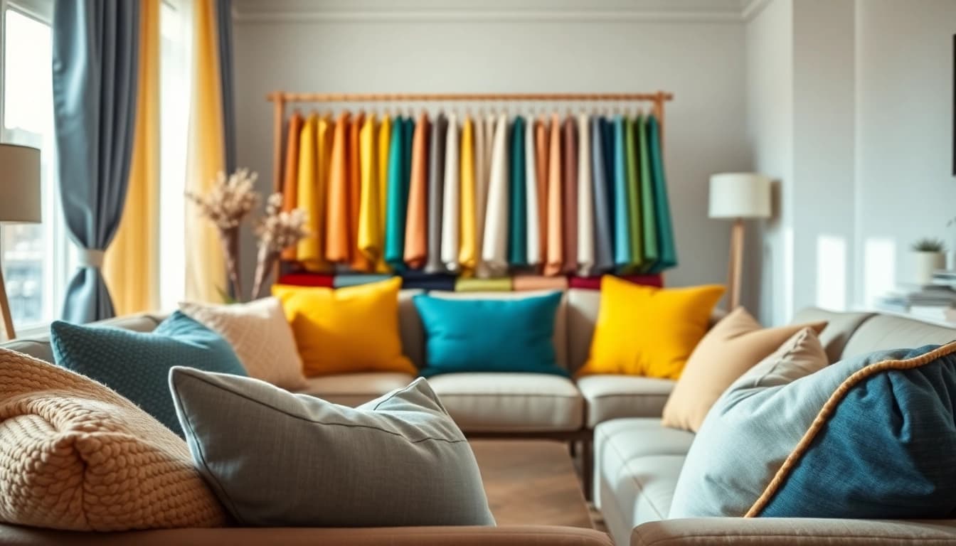 Verken decoratieve stof in een gezellige woonkamer met kleurrijke textielaccenten.