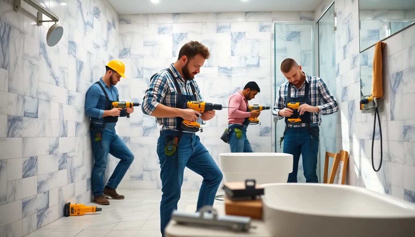 Skilled bathroom renovation contractors near me installing fixtures in a modern space.