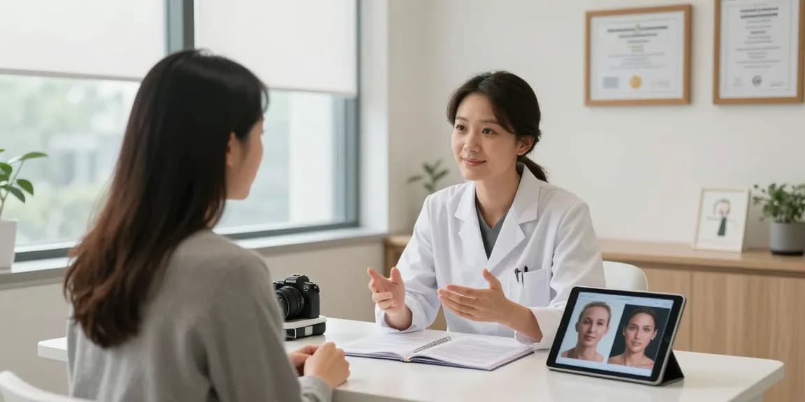 Consultation room scene showcasing seo for plastic surgeons with a plastic surgeon explaining options to a prospective patient.