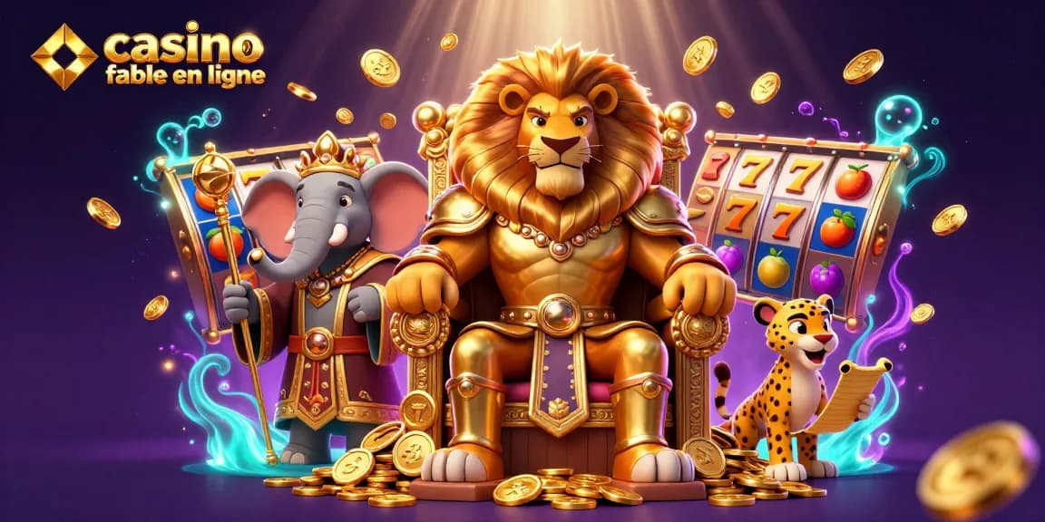 Illustration de casino fiable en ligne avec roi lion, éléphant, et guépard entourés de machines à sous.