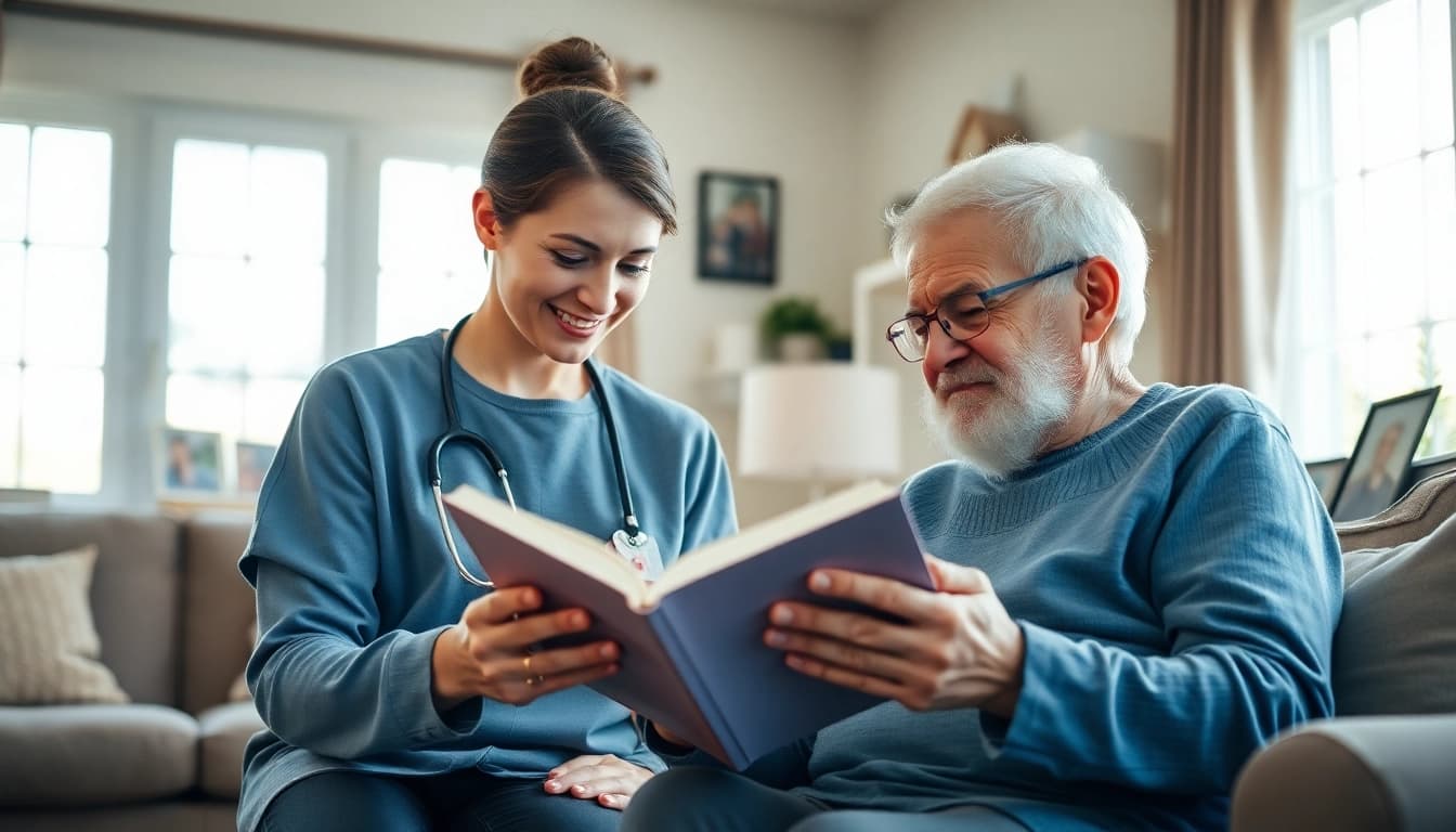 Elderly in home care near me: caregiver providing assistance in a warmly-lit living room.
