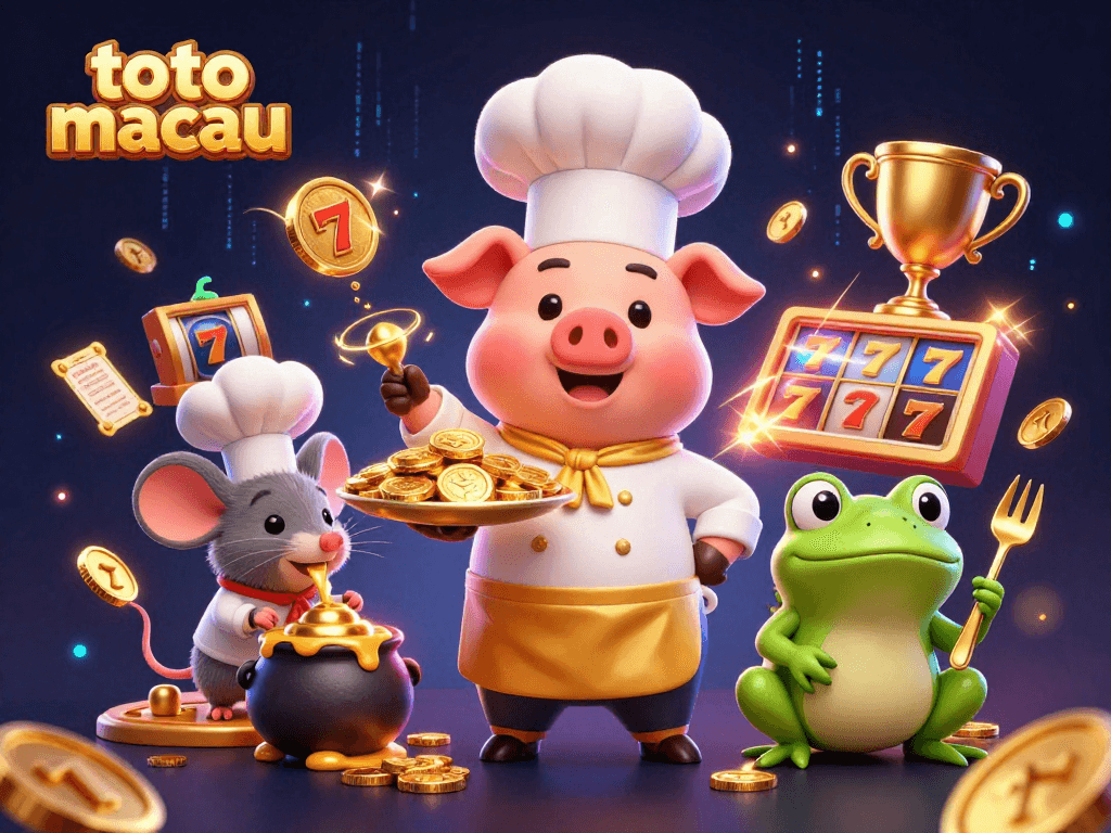 Join the adventure at toto macau with a chef pig, mouse, and frog enjoying golden slot rewards!