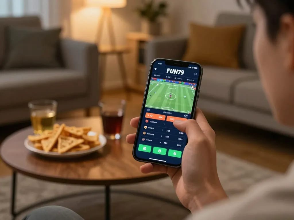 Engaging with the FUN79 app for live betting, highlighting excitement at home.