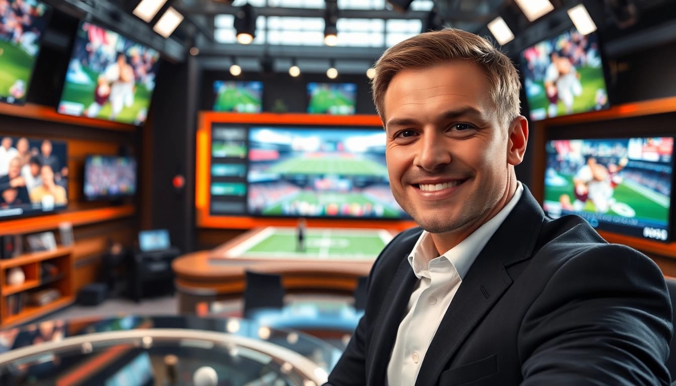 Engaging sports broadcasting anchor in a modern studio showcasing live highlights.