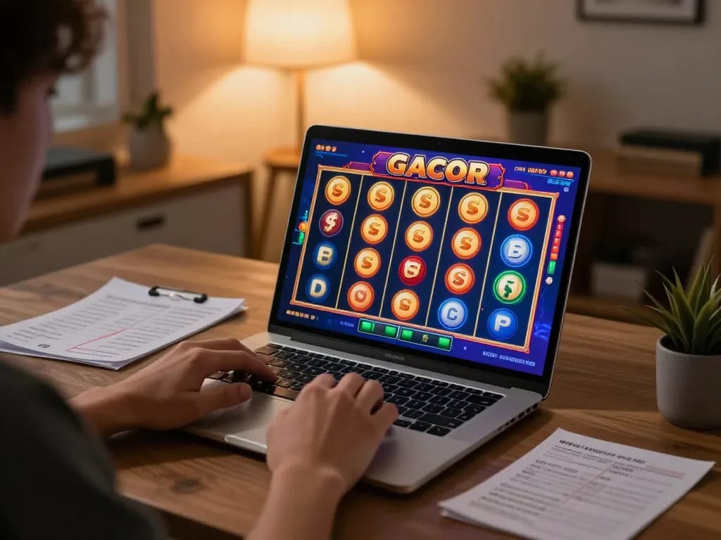 Pengalaman permainan yang menarik dengan slot gacor ditampilkan di layar laptop selama sesi permainan online.
