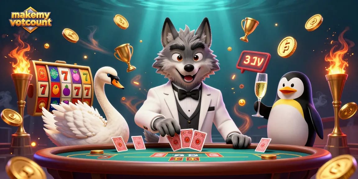 Engage with makemyvotecount as a wolf and swan explore exciting slots at a baccarat table.