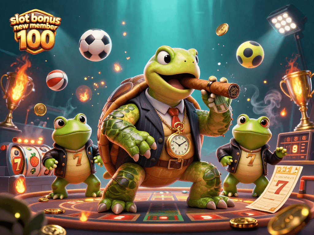 Play with the vibrant and engaging slot bonus new member 100 illustrated scene featuring characters and casino elements.