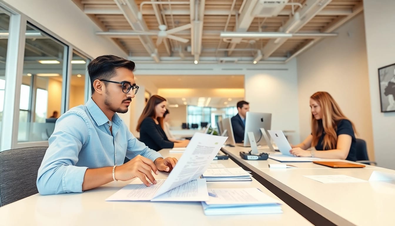 Streamlined process showcasing fast warranty claim decisions in a vibrant office setting.
