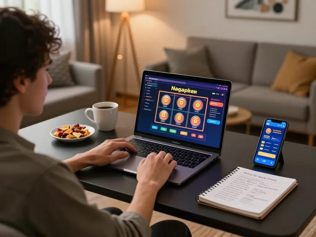Player enjoying nagapoker slot game on a laptop in a cozy home setting with strategic notes