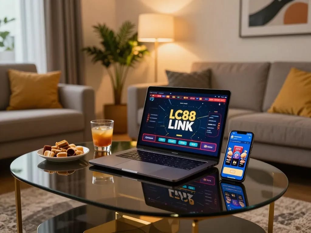 Gamble smartly with LC88 LINK displayed on a laptop during an online casino night.