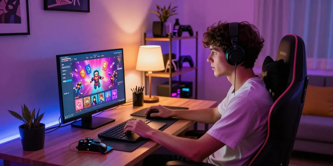 Engaging in xxx games on a modern laptop in a cozy gaming setup, showcasing vibrant graphics and comfortable atmosphere.