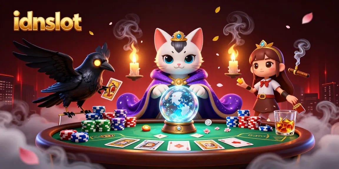Experience idnslot gameplay with a mystical scene featuring colorful poker elements and enchanting characters.