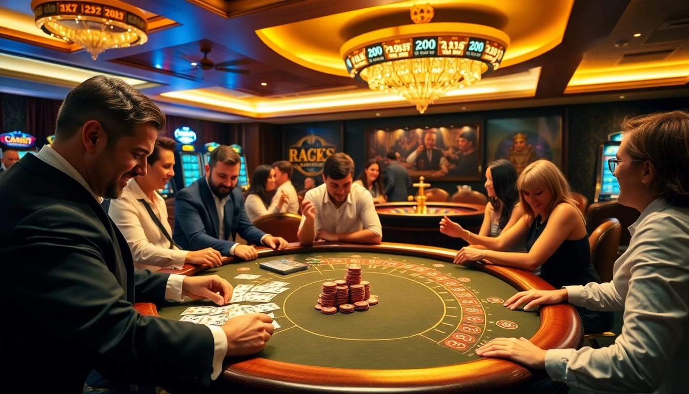 Une scène vibrante représentant un casino en ligne France fiable avec des joueurs célébrant des gains au poker et aux machines à sous.