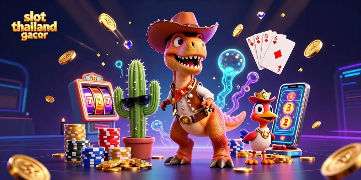 Spin to win at slot thailand gacor with a vibrant casino scene featuring T-Rex and treasures.