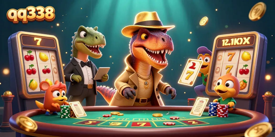 Experience the excitement of qq338 with a velociraptor card counter at the blackjack table amidst classic casino elements.