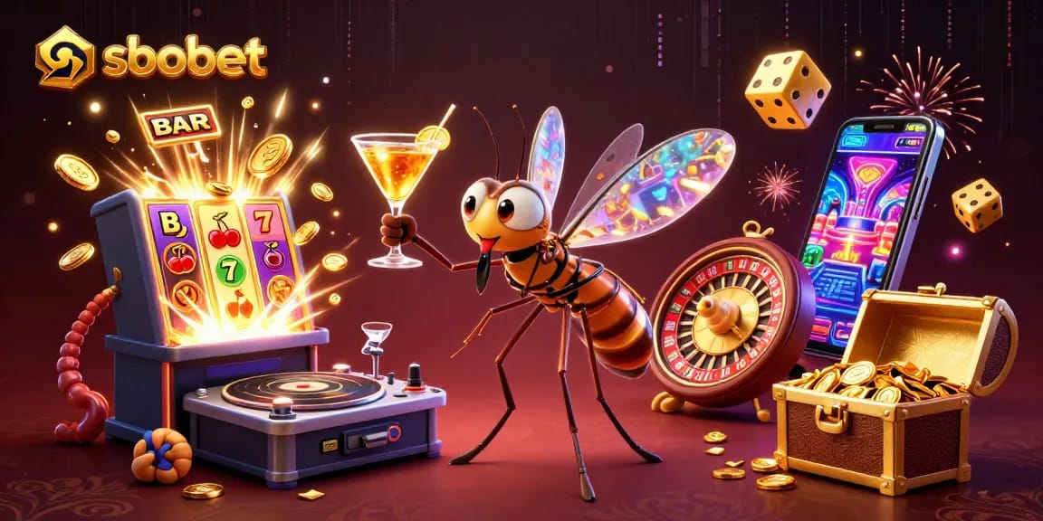 Experience sbobet with exciting games as a cartoon mosquito mascot delights in a celestial casino.