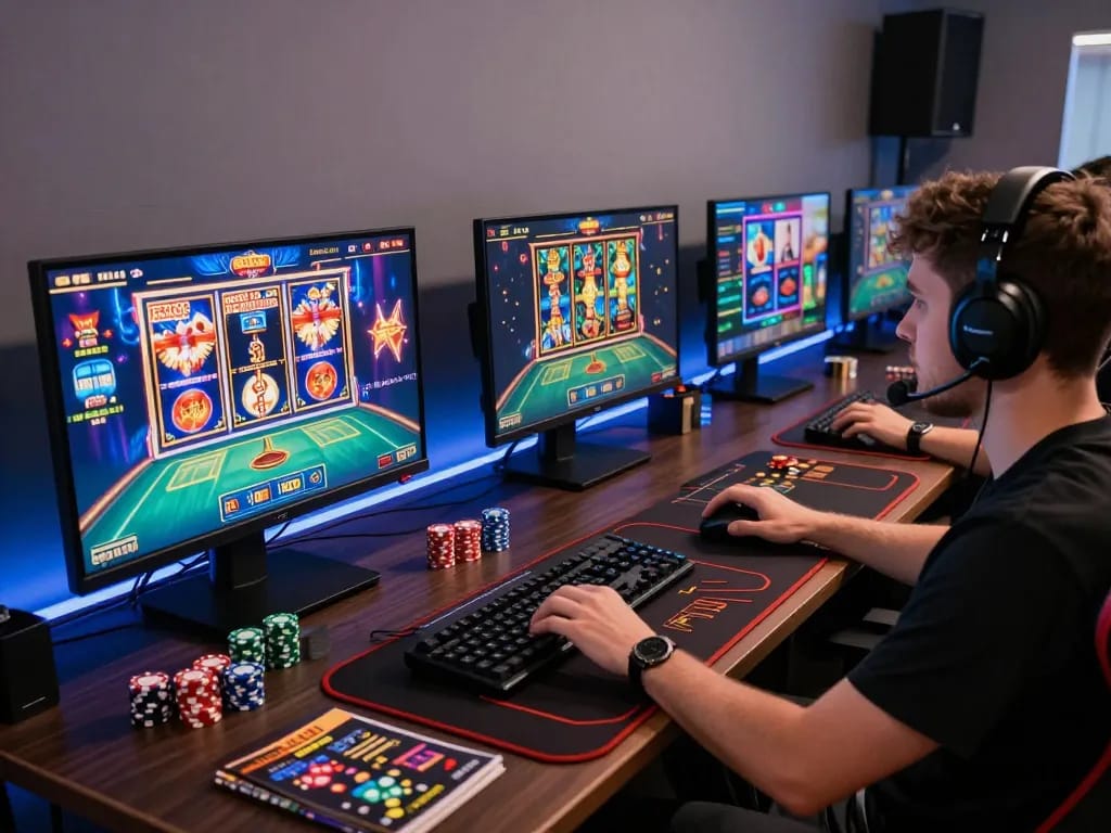 FAFA 828 gaming experience at home with multiple screens showcasing online casino action