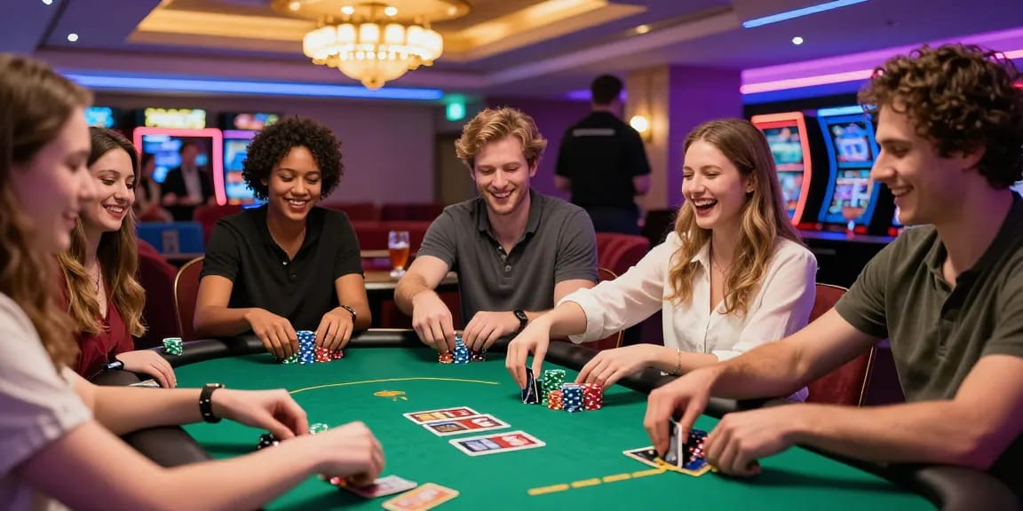 Exciting group of friends enjoying poker at credit card casinos, vibrant casino scene with colorful chips and neon lights.