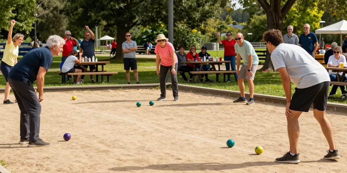 Aktivitas petanque di fopikotapalu.org, pemain beragam antusias bertanding di lapangan dengan bola berwarna cerah.