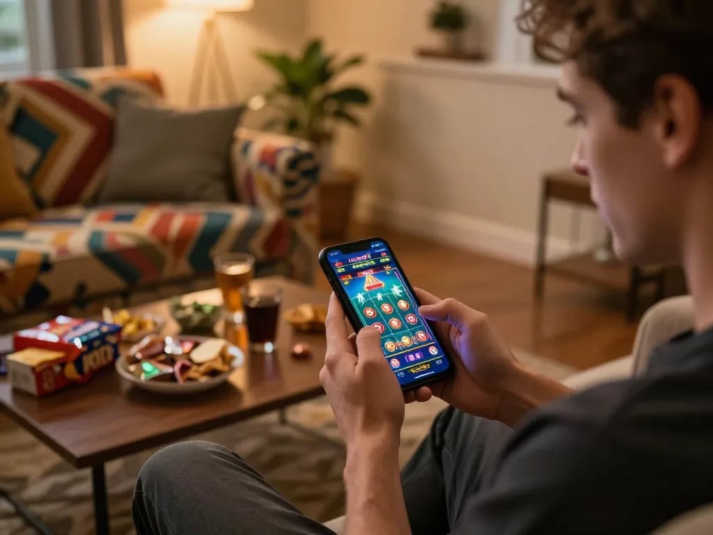 Engaging player using sunwinapk on smartphone while enjoying cozy living room atmosphere.