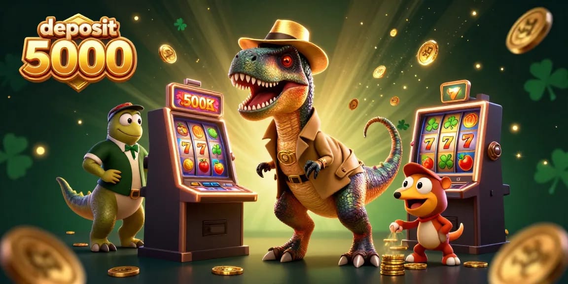 Win big with deposit 5000 slots as a velociraptor coins and gems flying around.