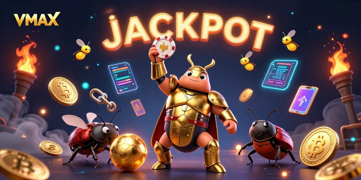 VMAX shows a hercules beetle celebrating a jackpot win with poker chips amidst Ethereum and Bitcoin coins.
