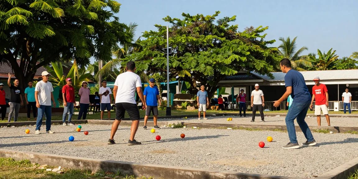 Generasi petanque di Banjarmasin meriah dengan fopikotabanjarma.org, pemain bersaing dengan semangat di lapangan berpasir.