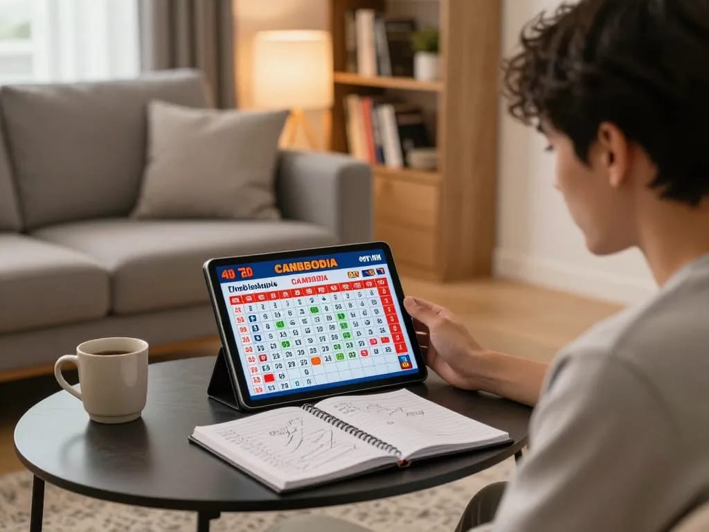 Live draw Cambodia results displayed on tablet, enhancing 4D betting strategy in a cozy home setting.