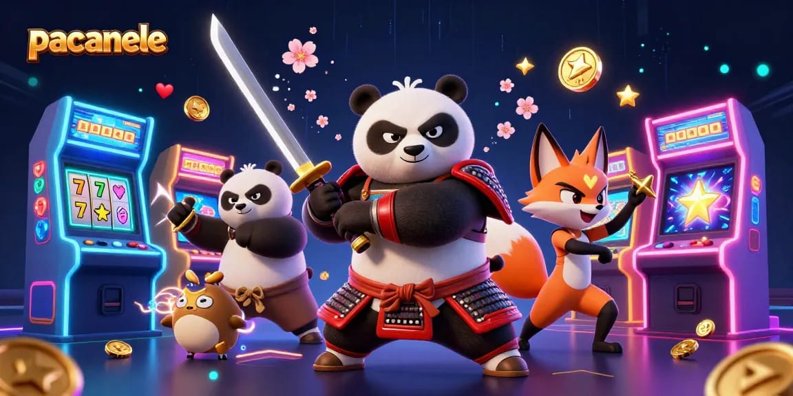 Joacă păcănele captivante cu un panda samurai și un vulpe ninja în această ilustrație dinamică 3D.
