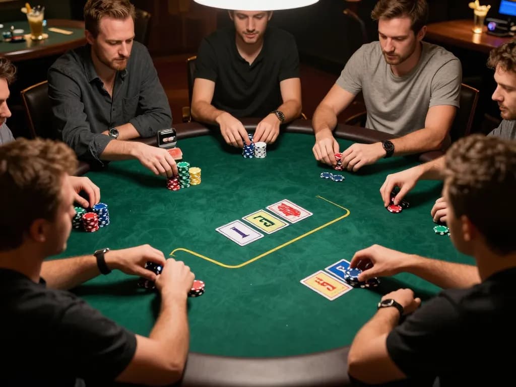 Engaging scene of a private poker game highlighting strategic gameplay and dark web links within vibrant casino atmosphere.