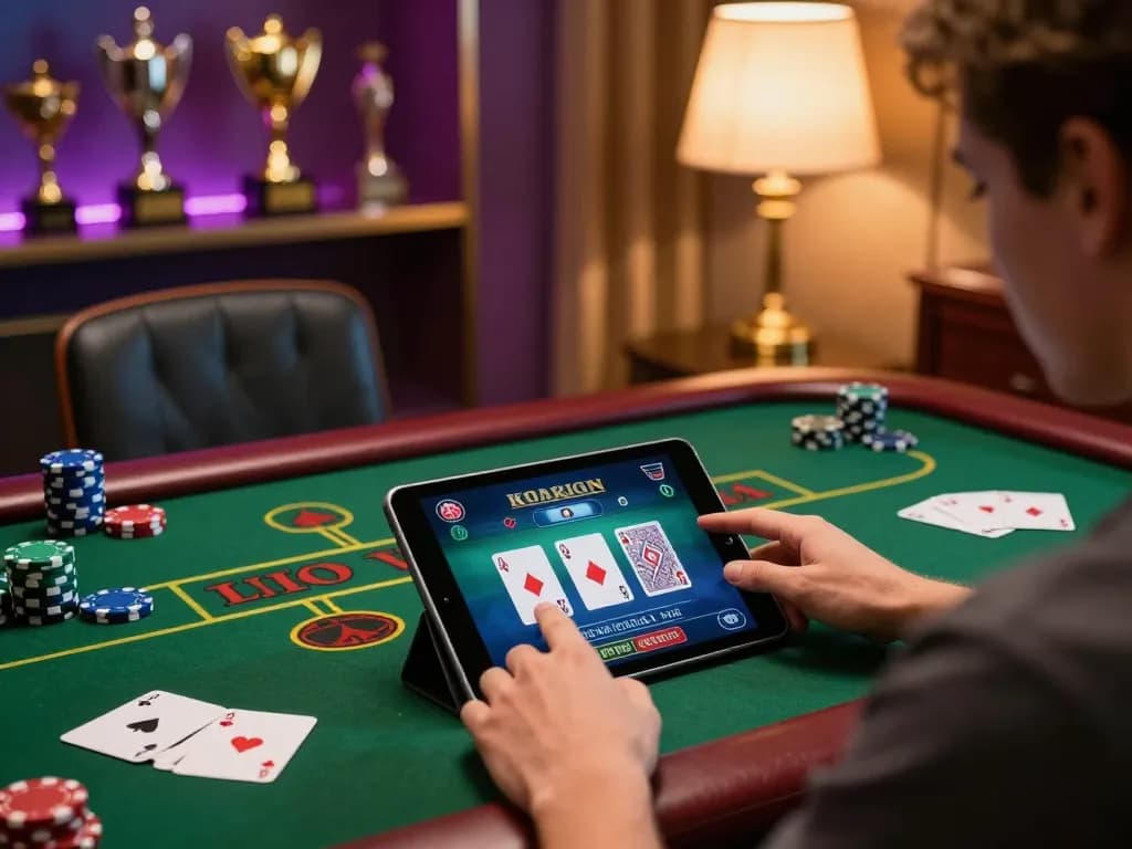 Engaging in strategic gaming at the best migliori casino europei online with a tablet, showcasing betting notes and a stylish atmosphere.