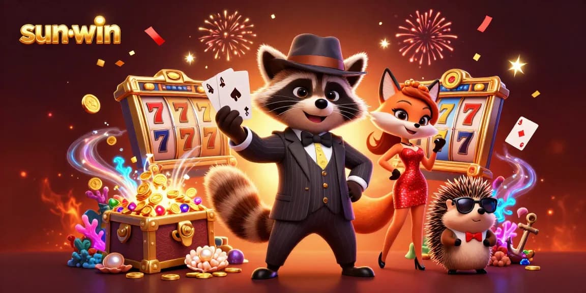 Experience excitement with sun-win as raccoon and fox celebrate their jackpot wins in vibrant casino art.