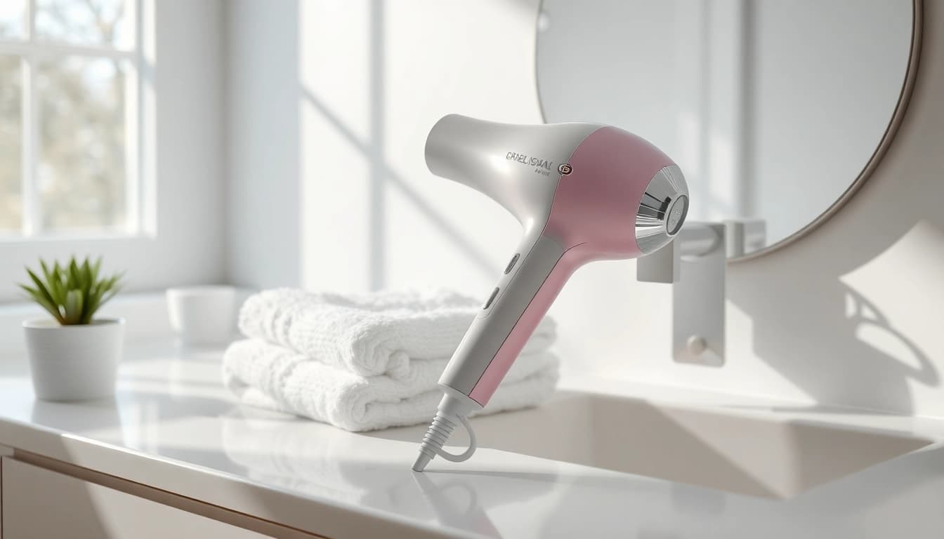 Ionic hair dryer on a bathroom counter with plush towels, showcasing its sleek design and natural light.