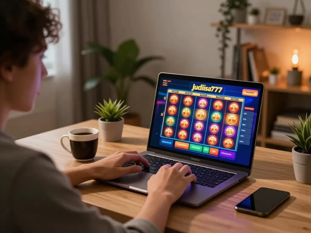 Engaging with judi slot777 online on a laptop at home, showcasing vibrant slot reels.