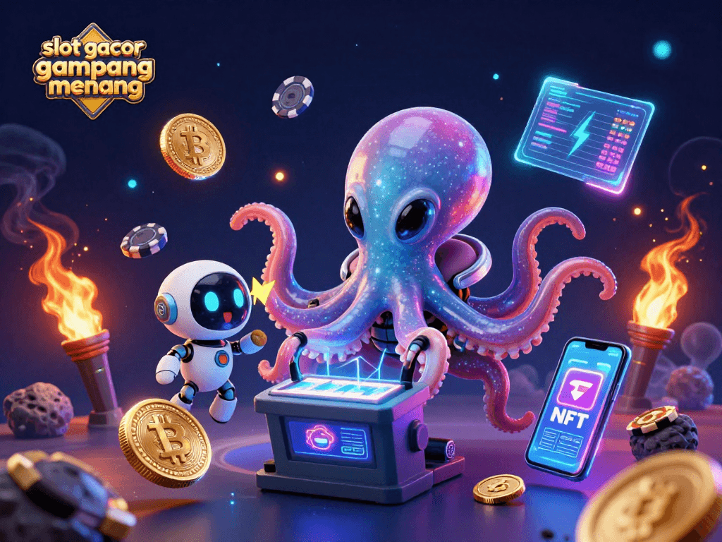 Playing slot gacor gampang menang with an alien octopus and a robot in a vibrant cosmic casino
