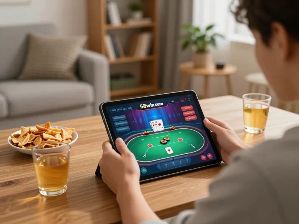Engaging gameplay on 58win com with a person enjoying poker on a tablet at home, surrounded by snacks and drinks.