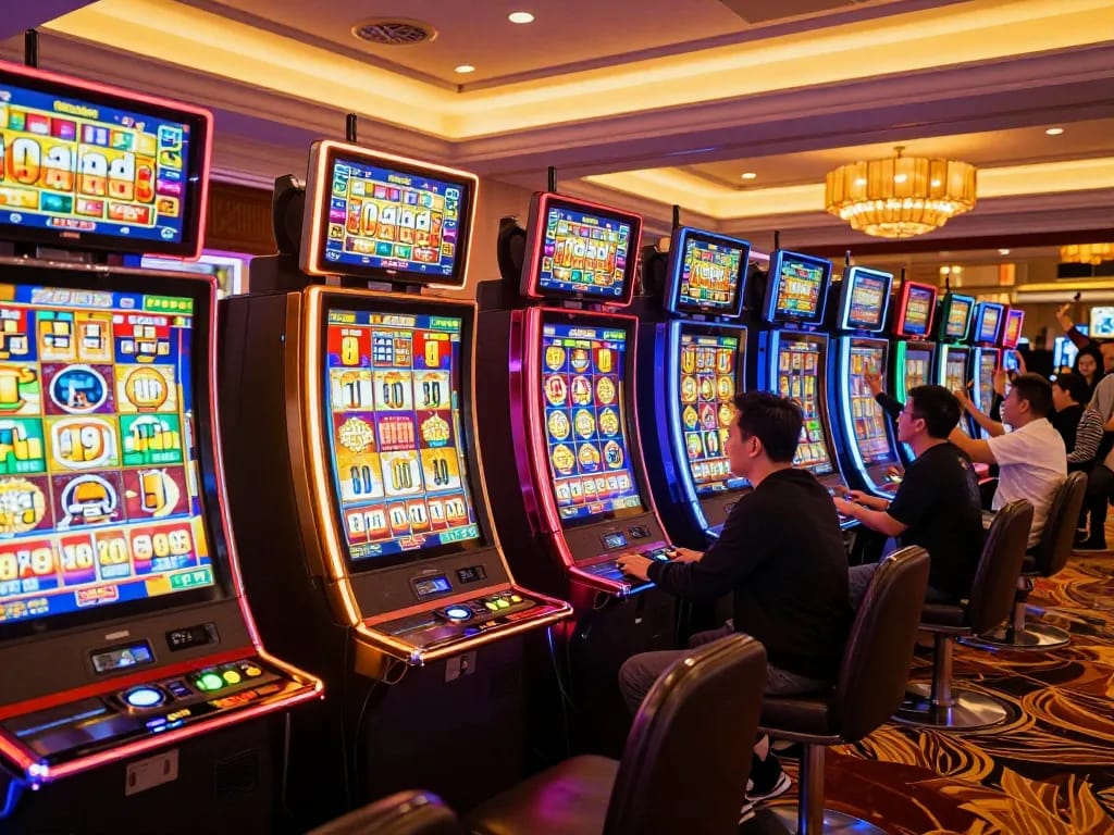Engaging moment at a slot gacor machine in an upscale casino, players excitedly spinning and winning.