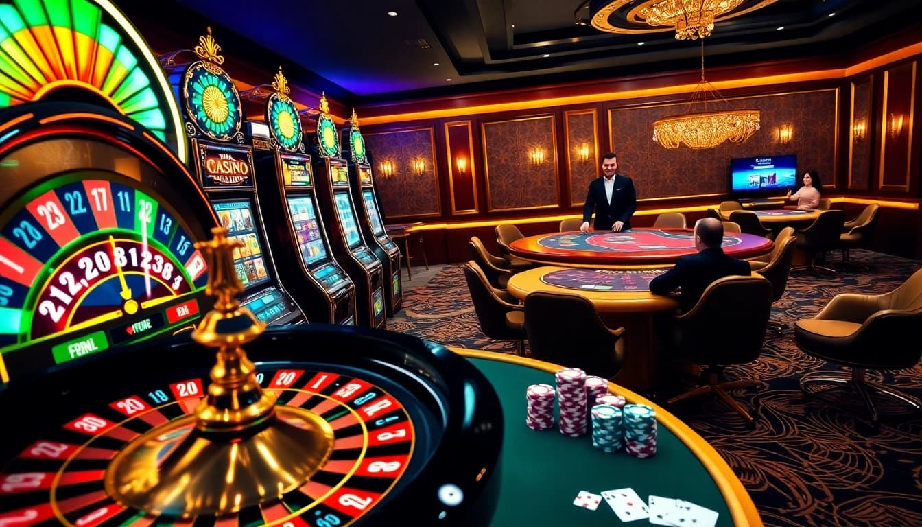Une scène de casino dynamique présentant un casino en ligne France fiable avec des éléments luxueux et des joueurs enthousiastes.