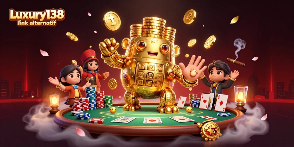Play to win at Luxury138 link alternatif with this vibrant casino-themed scene filled with gambling action.